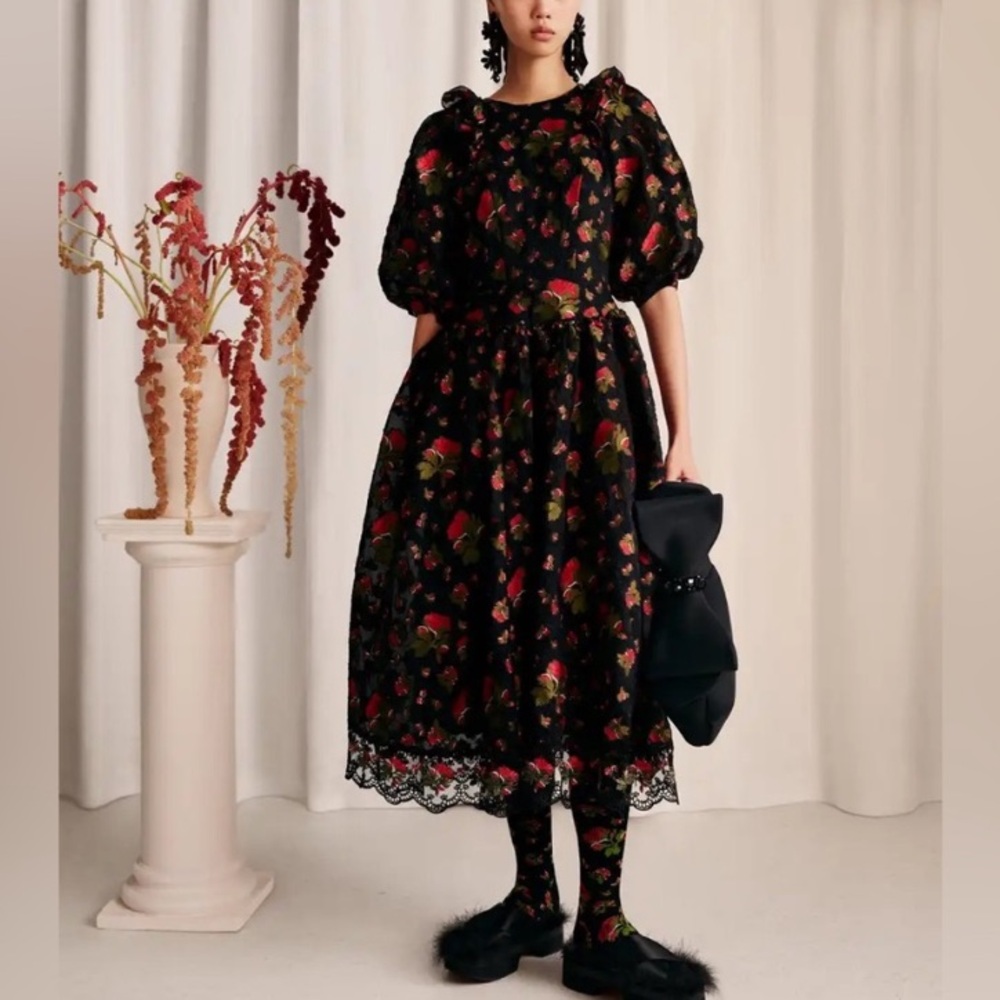 SIMONE ROCHA x H&M Black Silk Blend Floral Lace Puffy Sleeve Dress XXS